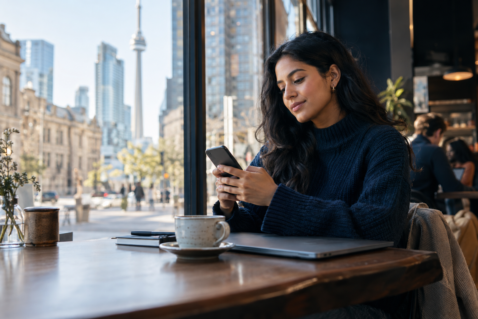A person using their phone in a city café